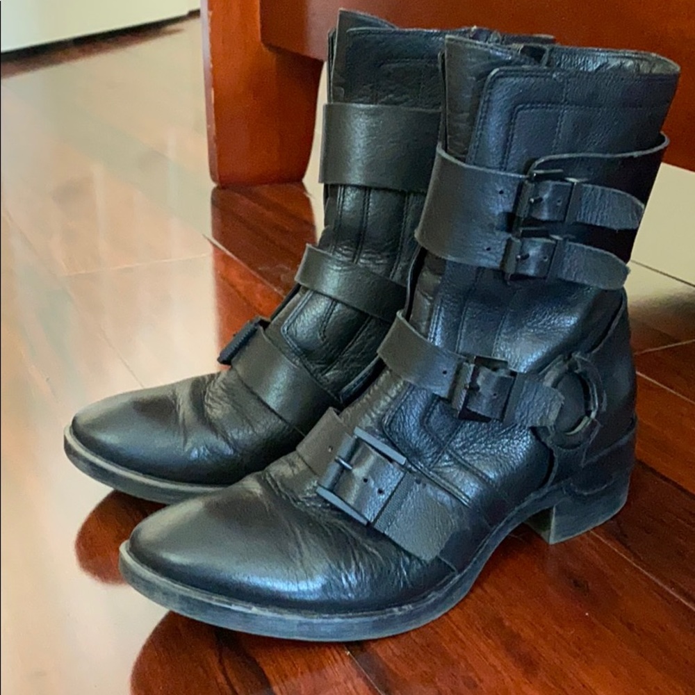 Black leather buckle biker boots